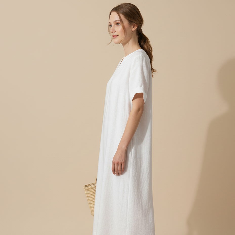 Biała Sukienka Lniana na Lato z Krótkim Rękawem