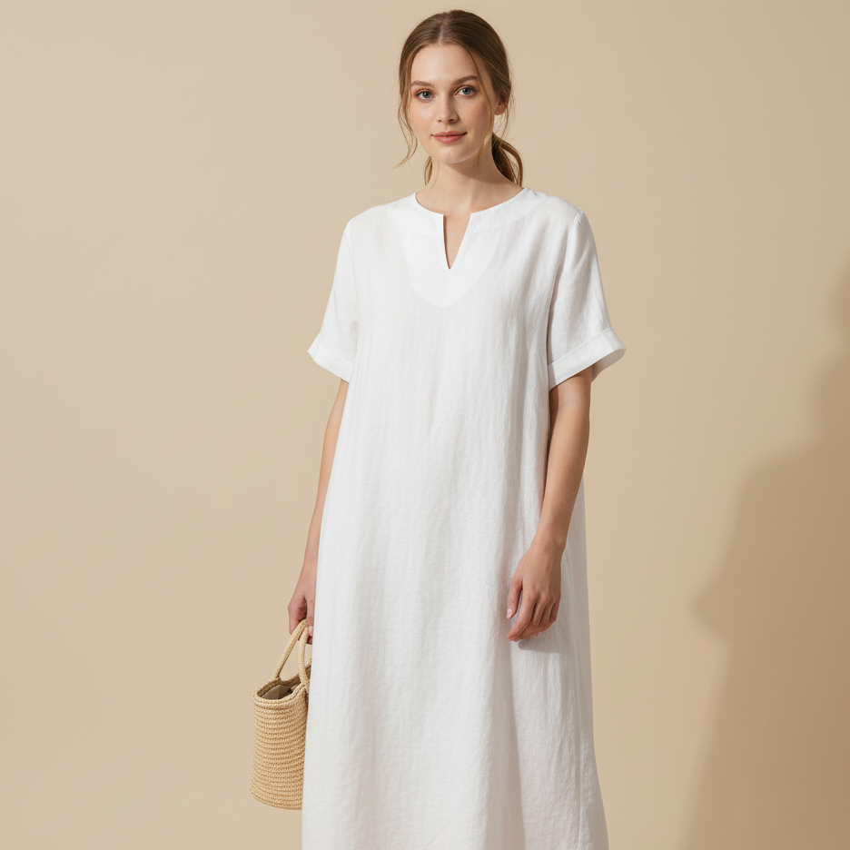 Biała Sukienka Lniana na Lato z Krótkim Rękawem