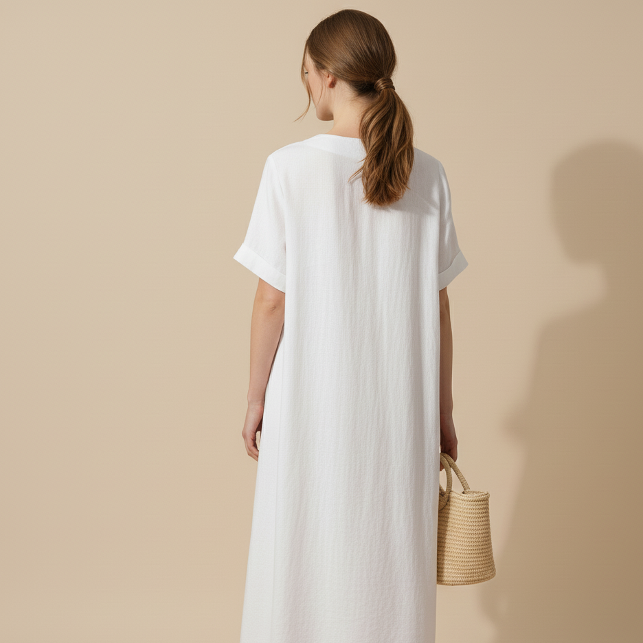 Biała Sukienka Lniana na Lato z Krótkim Rękawem