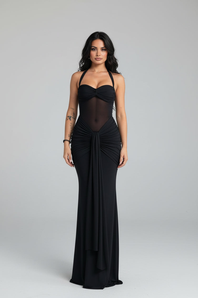 Elegancka sukienka maxi z dekoltem halter dla kobiet – wyrafinowana suknia dla gościa weselnego