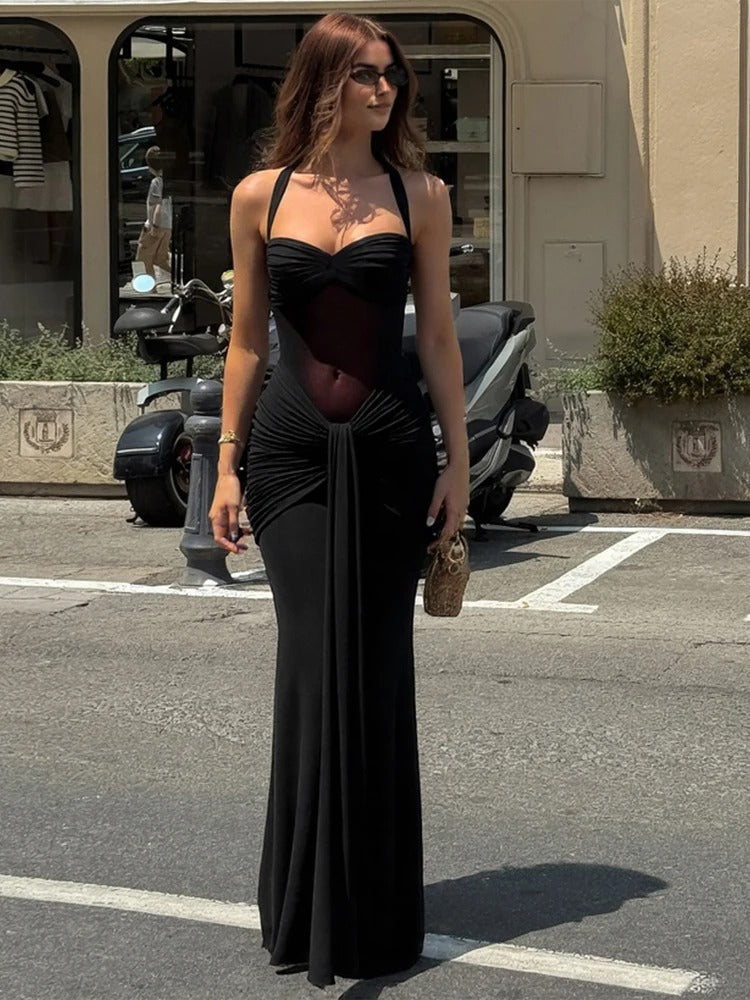 Elegancka sukienka maxi z dekoltem halter dla kobiet – wyrafinowana suknia dla gościa weselnego
