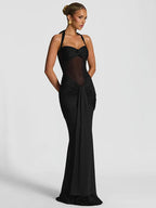 Elegancka sukienka maxi z dekoltem halter dla kobiet – wyrafinowana suknia dla gościa weselnego