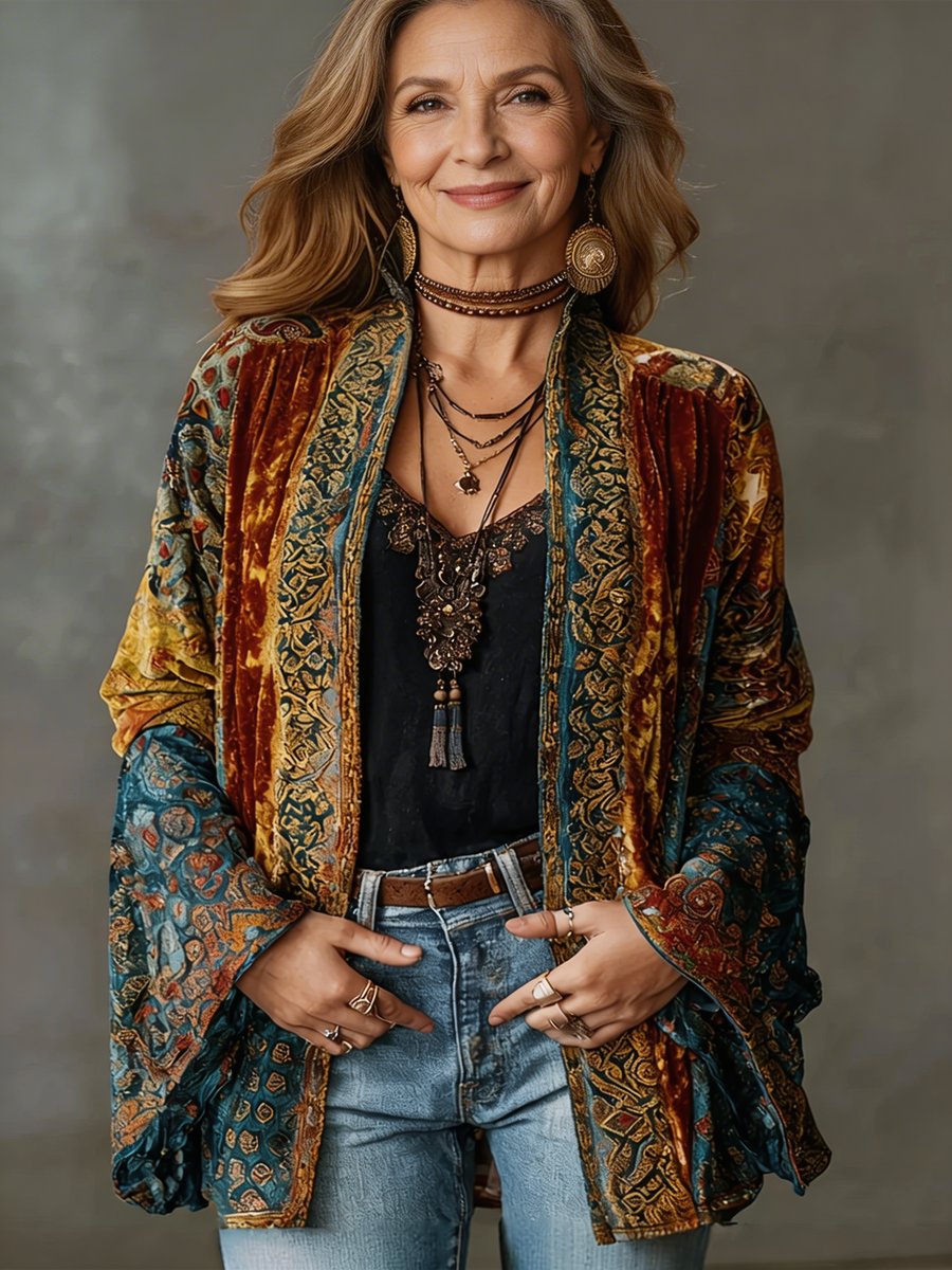 Jorja | Damska pikowana kurtka w stylu vintage – kardigan kimono Boho o luźnym kroju