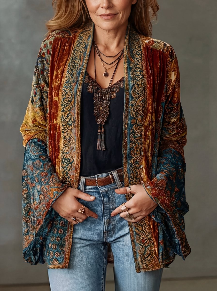 Jorja | Damska pikowana kurtka w stylu vintage – kardigan kimono Boho o luźnym kroju