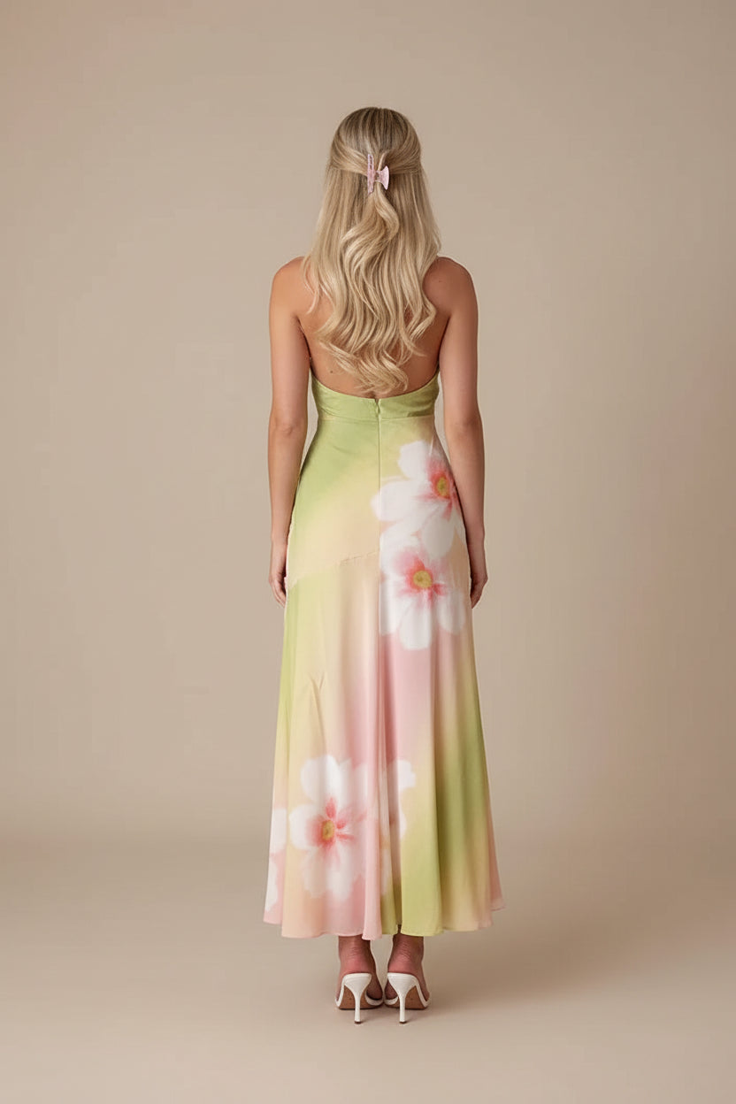 Sukienka maxi damska z kwiatowym dekoltem typu halter – elegancka suknia bez rękawów na wesele
