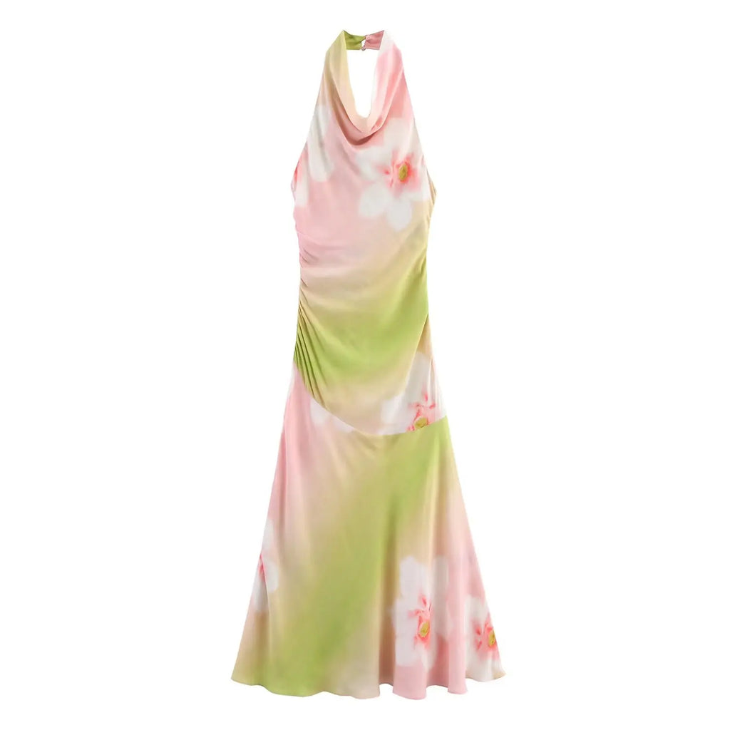 Sukienka maxi damska z kwiatowym dekoltem typu halter – elegancka suknia bez rękawów na wesele