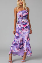 Women's one-shoulder dress with a floral pattern – Elegance with a shirred waist
