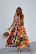 Long women's summer dress with floral print and layers – sleeveless and V-neck