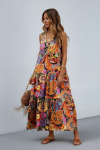 Long women's summer dress with floral print and layers – sleeveless and V-neck