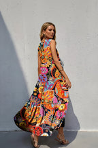 Long women's summer dress with floral print and layers – sleeveless and V-neck