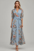 Women's maxi dress with floral print and V-neck wrap, short sleeves, and waist tie