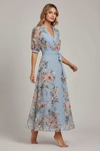 Women's maxi dress with floral print and V-neck wrap, short sleeves, and waist tie