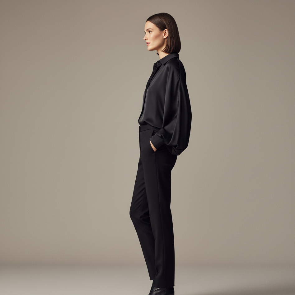 Elegancka Czarna Bluzka Jedwabna | Długi Rękaw