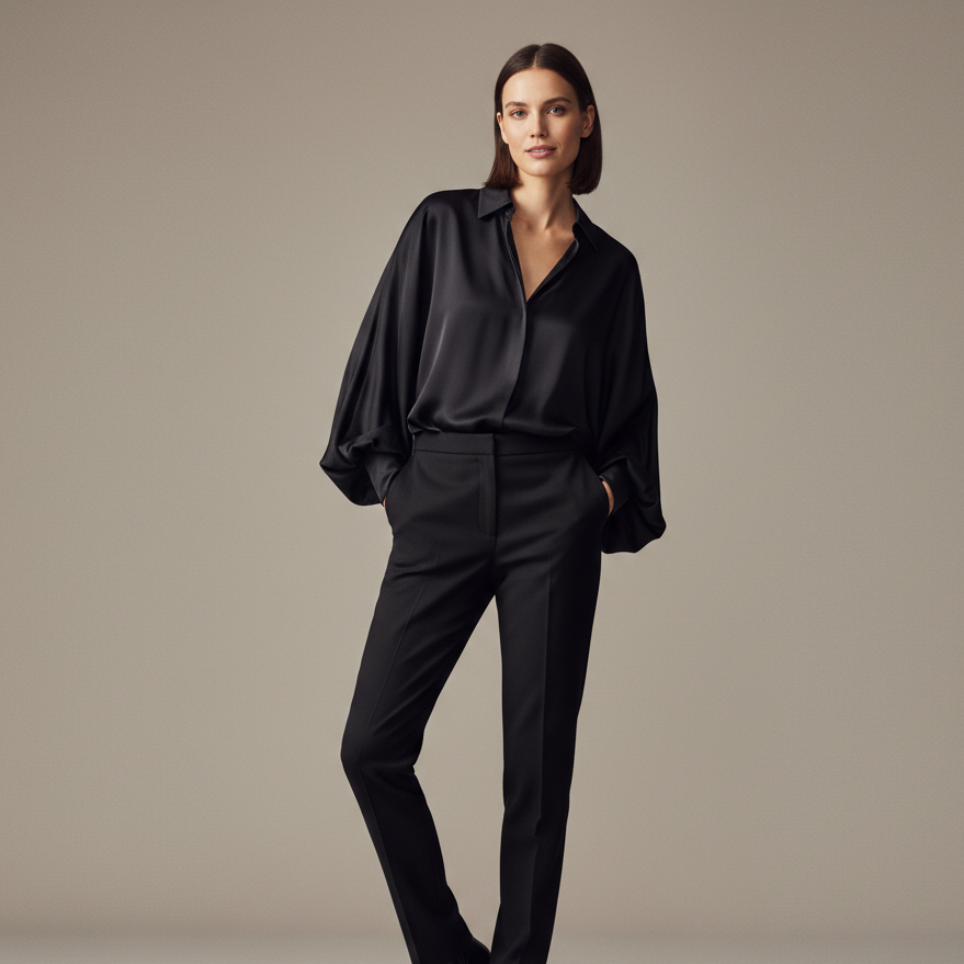 Elegancka Czarna Bluzka Jedwabna | Długi Rękaw